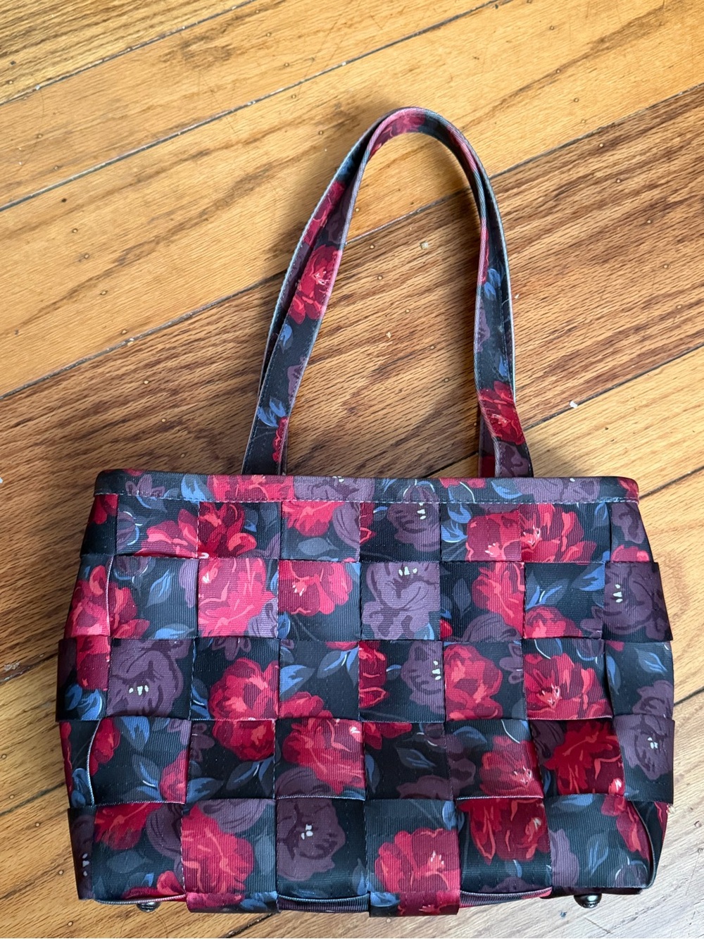 Floral Woven Tote Bag in Red and Black